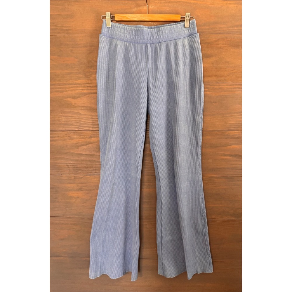 Sunnyside by Sundry Womens Waffle Flare Pants Blue Mineral Wash Lounge Small